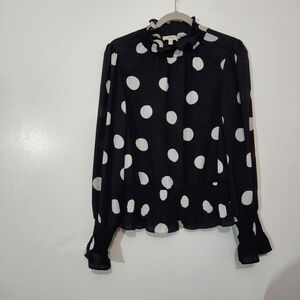 Meraki Large L Black White Polka Dot Chiffon Blouse Semi Sheer Long Sleeve